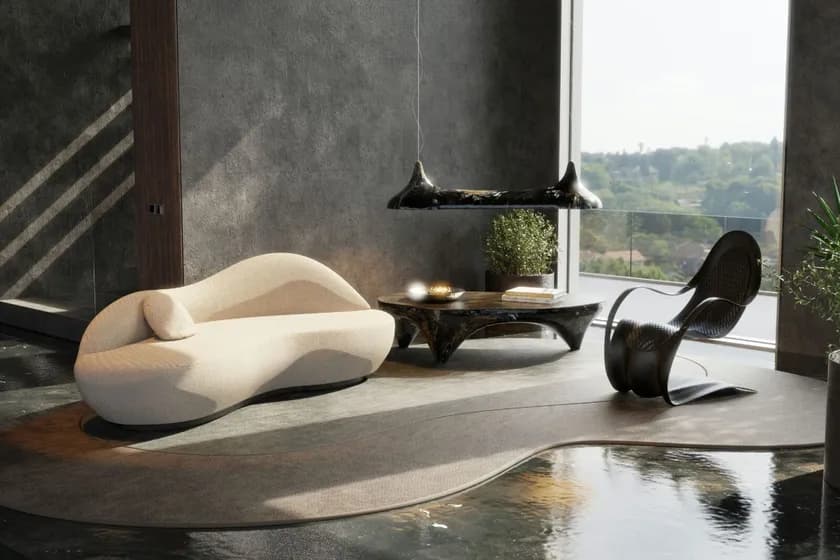 AURA VEIL handcrafted bespoke luxury curved sofa in tailored fabric